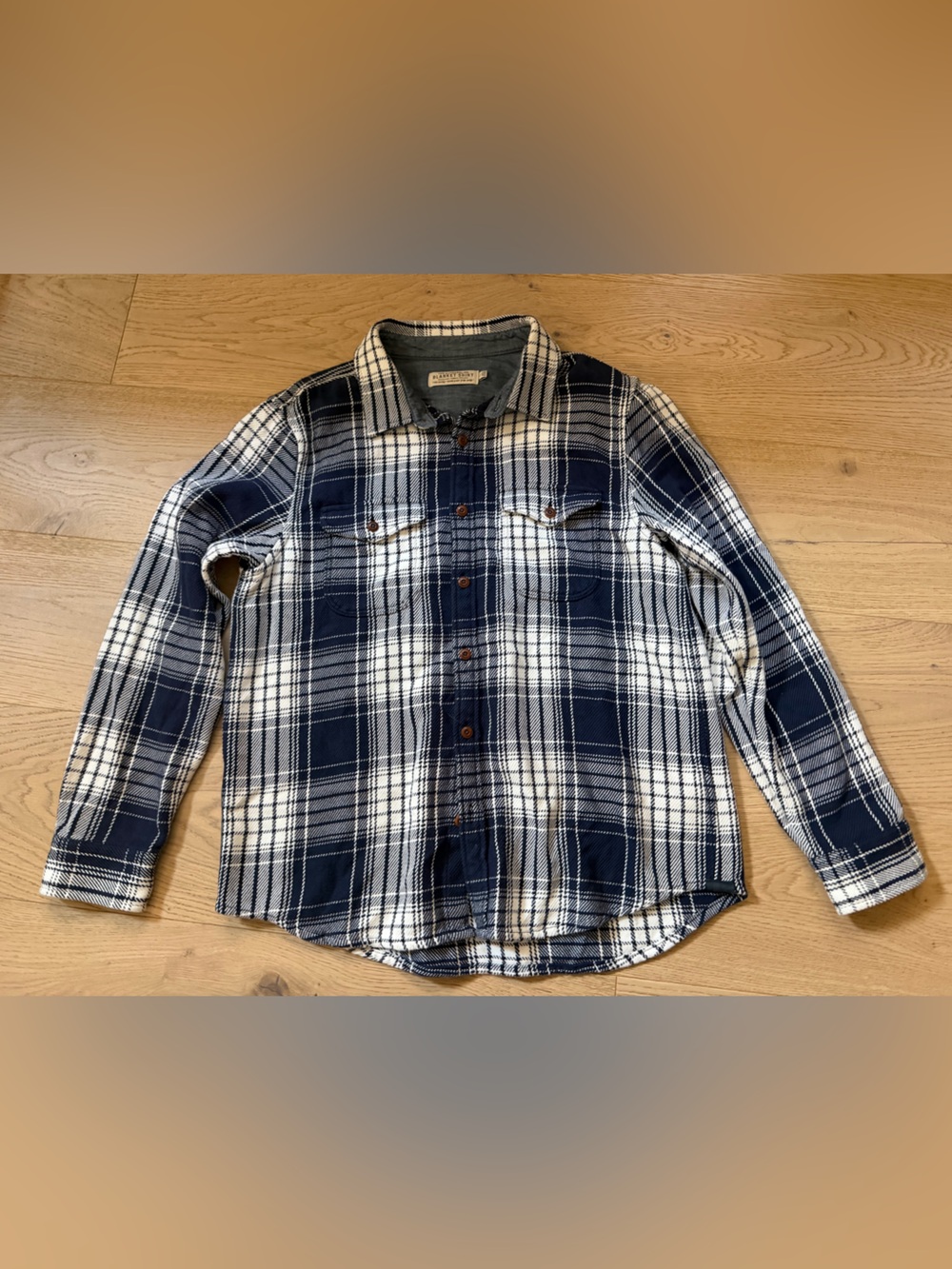 Outerknown Men’s Navy and White Plaid Blanket Shirt